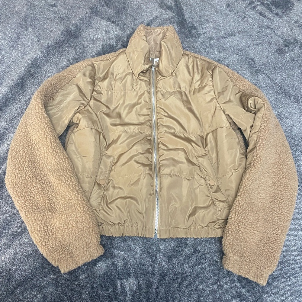 Good American Two-Tone Puff High Pile Fleece Jacket Taupe Womens Medium 2
